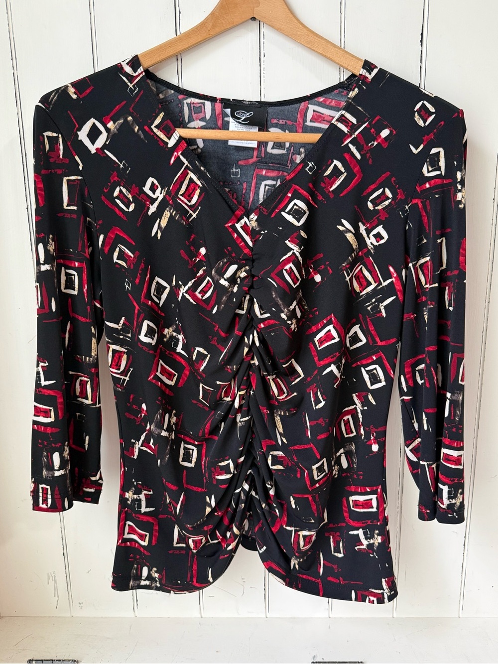 Libra Vintage Y2K Office Siren Ruched Blouse Abstract Geometric Red XL